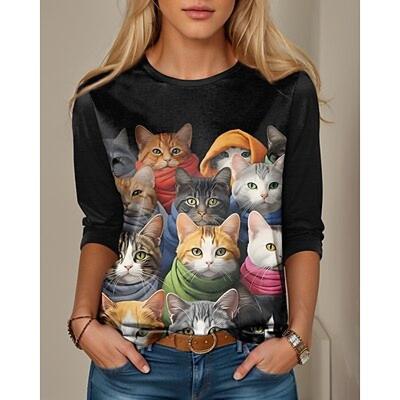 Женская футболка Футболка с котом 3D Повседневные выходные Черный Серый с принтом Длинный рукав Модная забавная футболка с круглым вырезом Обычный крой Весна и осень