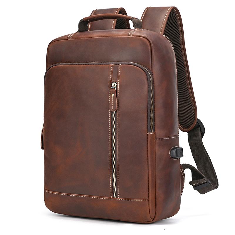 Ретро Мужской Рюкзак из Кожи Crazy Horse Рюкзак для Ноутбука Кожаный Daypack Большой Вместимости Мужской Дорожный Рюкзак с USB-Кабелем
