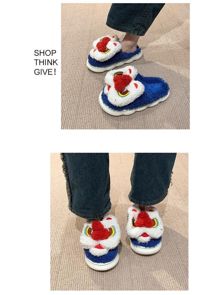 Мягкие хлопковые тапочки в форме льва: Теплая, высокая домашняя обувь на толстой подошве для мужчин и женщин.