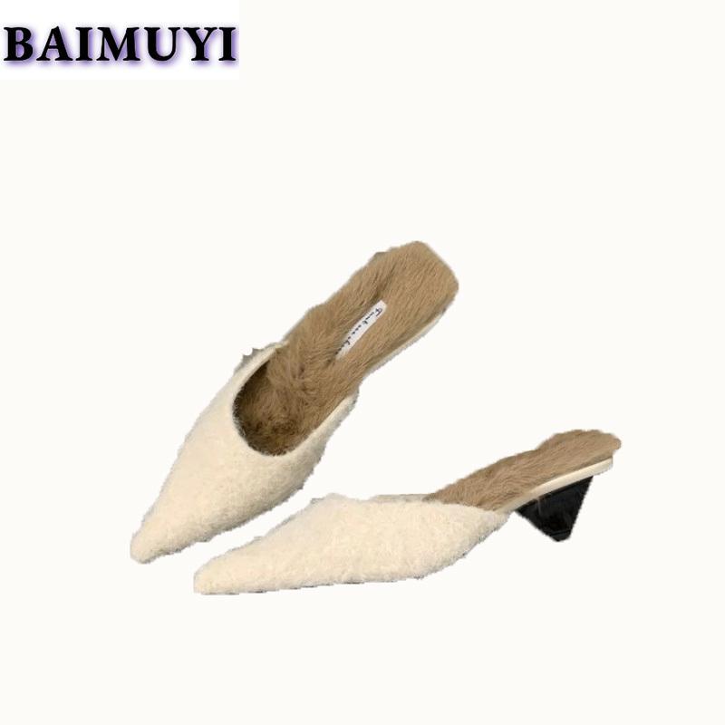 Роскошные меховые тапочки женские остроносые мюли обувь дизайнерские меховые шлепанцы платье низкий каблук 2025 зимняя мода замша хлопок Botas Mujer