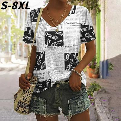 S-8XL Большой размер Винтажные черно-белые футболки с принтом букв Женские топы с V-образным вырезом Летняя повседневная женская одежда Пуловер
