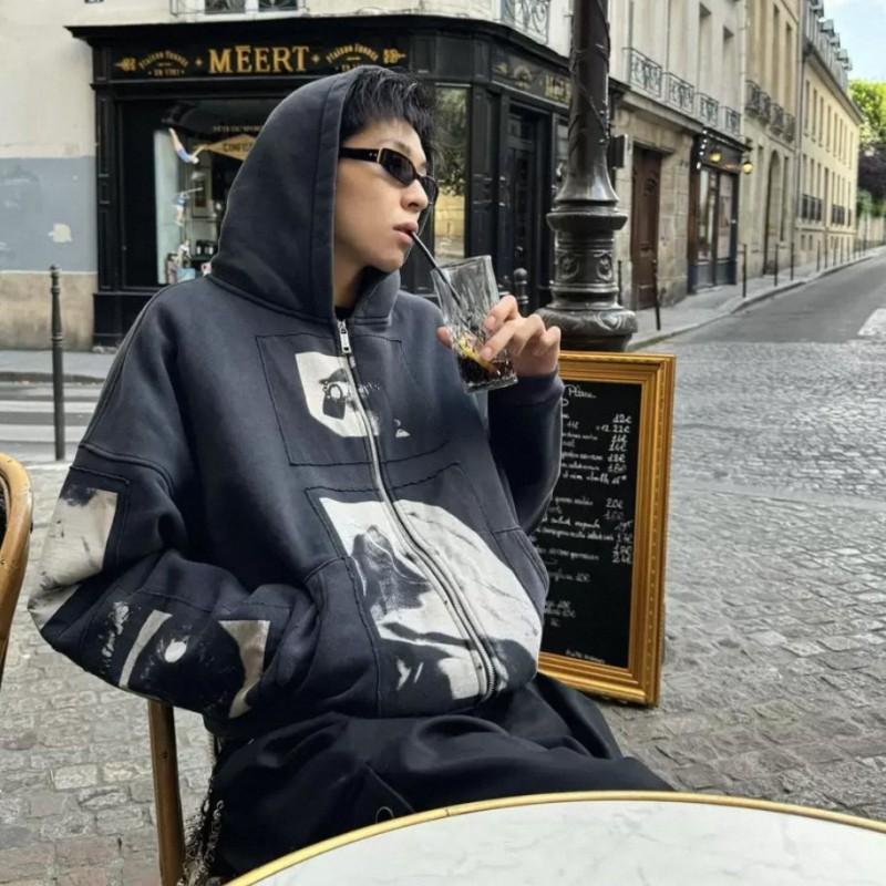 Unisex Oversized Hooded Sweatshirt With Distressed Graphic Print Cotton Blend Fall Casual Wear