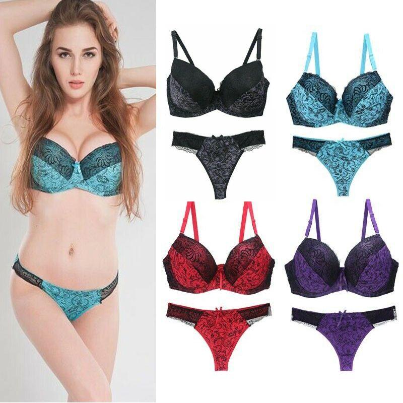 Flower Womens Lace Padded Bra Plunge Set Ladies Underwear Panties Sets Push Up