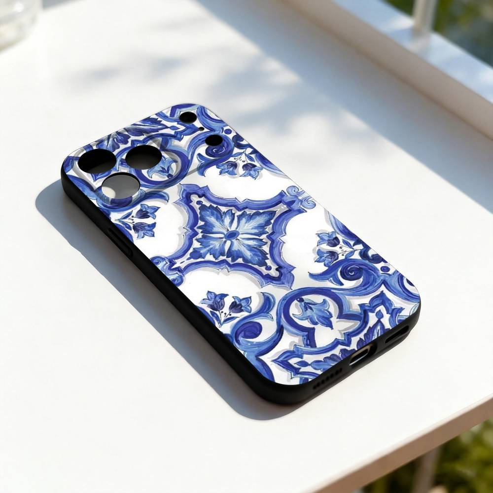 Сине-белый фарфоровый арт Для iPhone 17,16,15,14,13,12,11,Pro,Max,Plus,E,SE4,Air,Mini Черный мягкий чехол