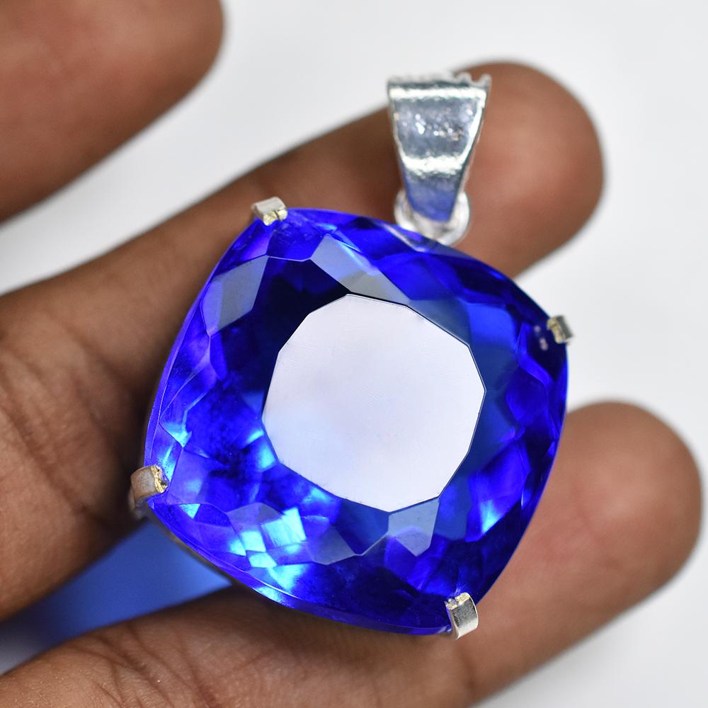 BLUE Sapphire 91 Ct CERTIFIED Square Cushion 925 Sterling Silver GEMS Pendant MY-PD-147-NS