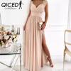 Summer Spring Sleeveless V-Neck Sexy Pleated Splicing Long Slit Gown Dress