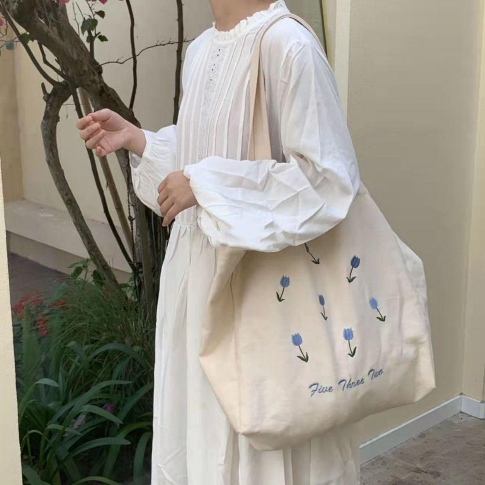 Canvas Cosmetic Storage Organizer Flower Printed Storage Pouch Casual Women's Shopping Bag Student