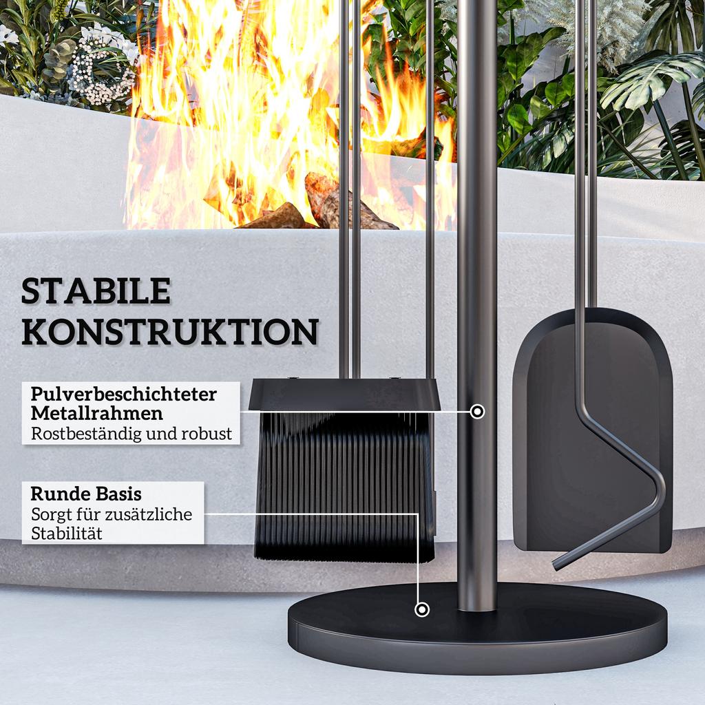 Fireplace tool set, 5-piece, broom, shovel, tongs, poker and stand, fireproof metal, black