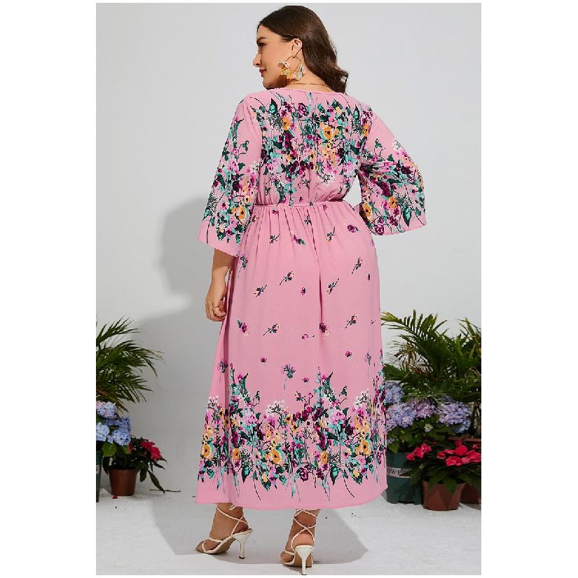 Шифоновое платье больших размеров с цветочным принтом, эластичной талией, расклешенными рукавами и V-образным вырезом, идеально подходящее для