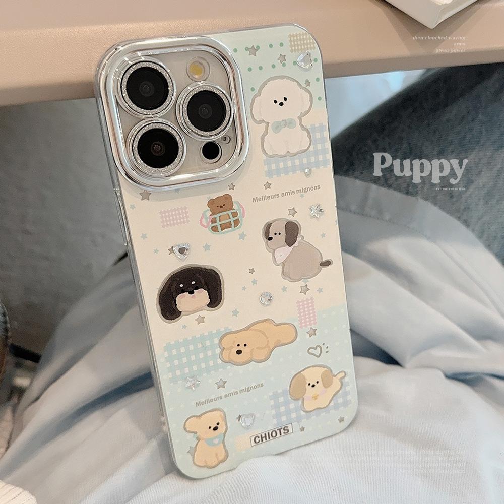 Plaid puppy cartoon phone case suitable for iPhone 15, 17 Pro Max, with lens film, iPhone 16, anti-drop, 12 feather yarn