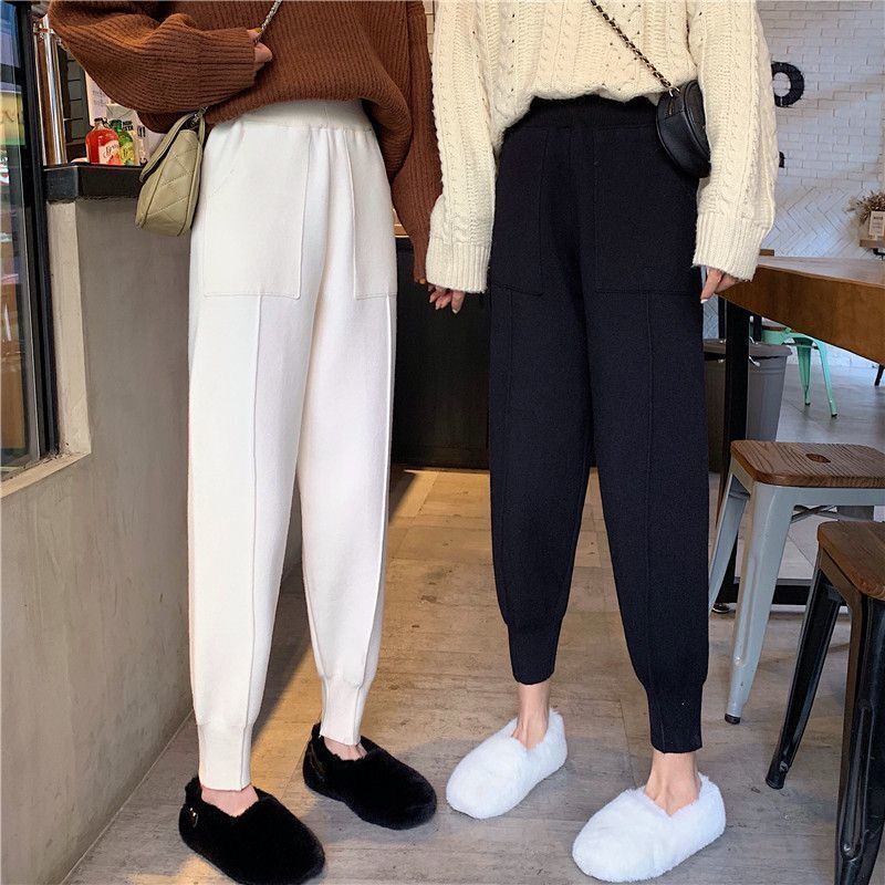 Women Pants Autumn and Winter Black Casual Knitted Pants Loose Elastic Nine Points Harlan Radish Pencil Pants