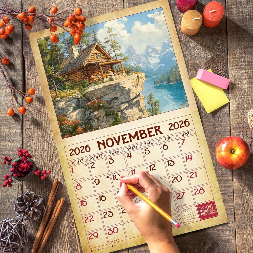 2026 Vintage Log Cabin Wall Calendar 16-Month X-Large Size 14x22, Retro Rustic Cabin Calendar by The KING Company-Monster Calendars