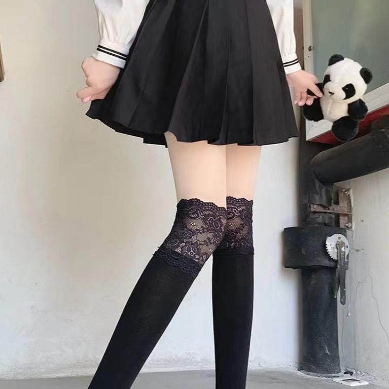 Носки женские осенне-зимние высокие кружевные милые чулки в стиле Лолиты, теплые черные белые длинные носки для девочек, аксессуары для обуви