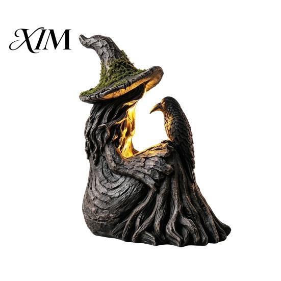 Decorative Pieces for Windowsill Luminous Witch & Raven Figurine with Mossy Tree Texture, Resin Gothic Creative Housewarming Gifts Statue LED