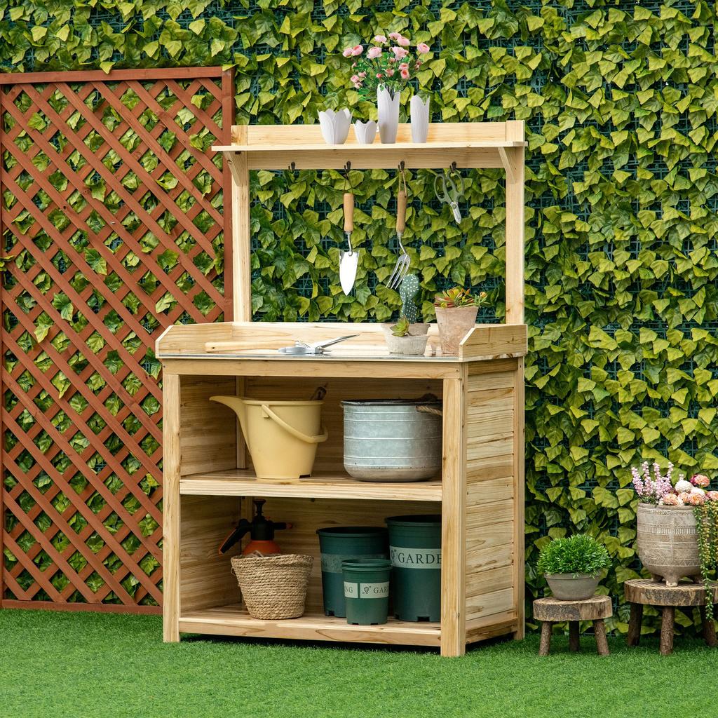 Garden Potting Bench Table Wooden Workstation Bench W Galvanized Metal Tabletop Storage Shelves And Hooks Natural