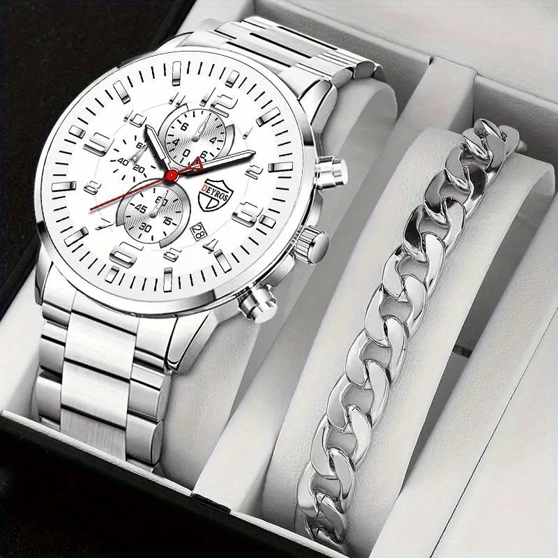 2 шт./комплект, модные мужские кварцевые часы с календарем, повседневные мужские наручные часы из нержавеющей стали и браслет, лучшие подарки для него