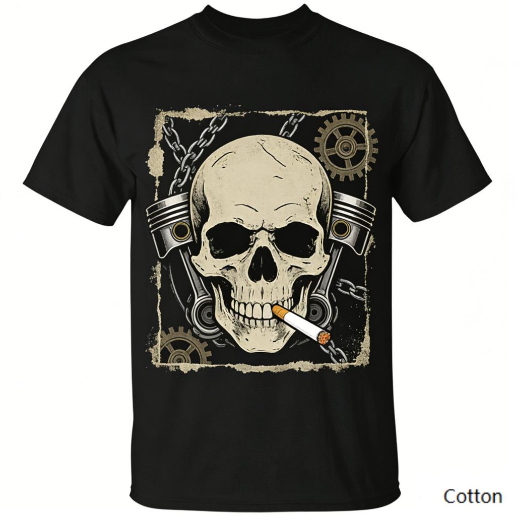 Vintage Mechanical Skull Biker Graphic TShirt Retro Piston Gear Print Pure Cotton Tee Punk Streetwear Unisex Top