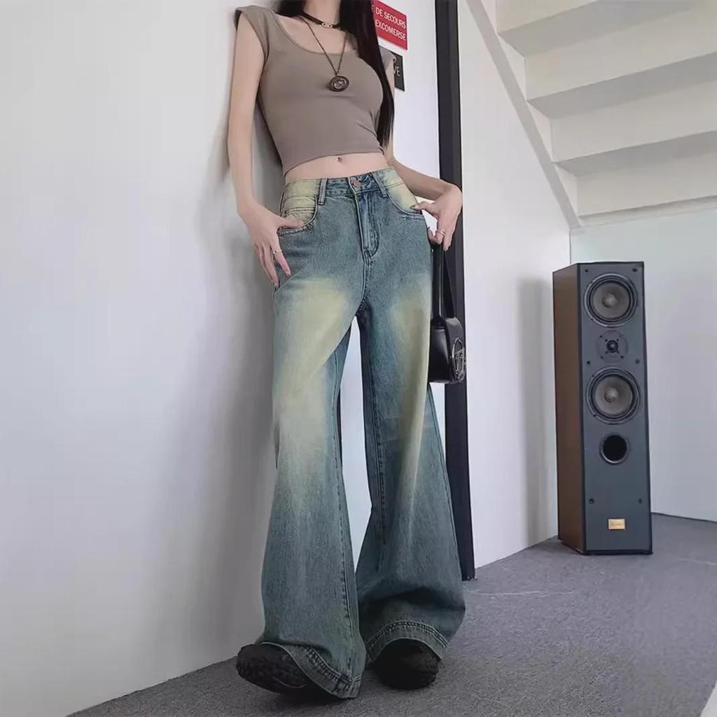 Женские джинсы 2024 года в стиле ретро с синими потертостями, широкие — свободные повседневные прямые брюки на весну и лето