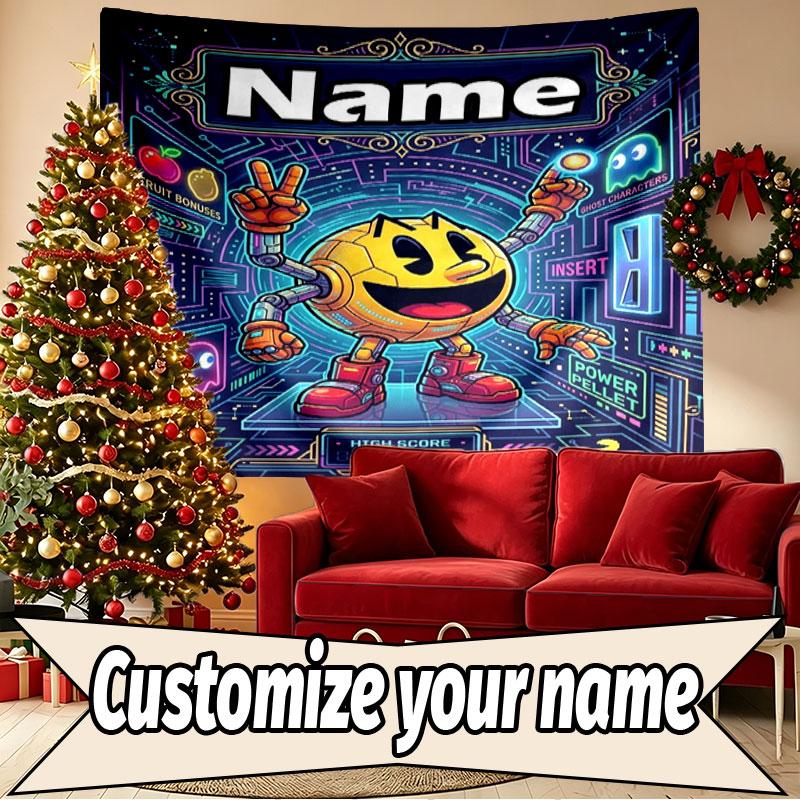 Custom Name Personalized PAC MAN Print Tapestry, Wall Art Decor, Bedroom, Dorm, Apartment, LivingRoom, Party Backdrop, Gift for Birthday