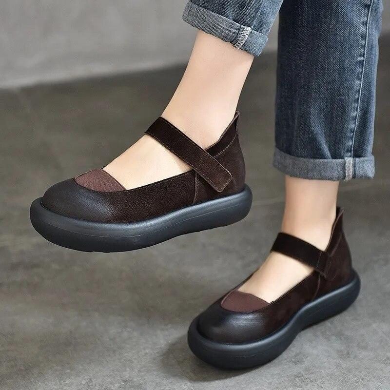 Johnature Shallow Genuine Leather Round Toe Thick Sole Flat Shoes Mary Jane Women's Shoes