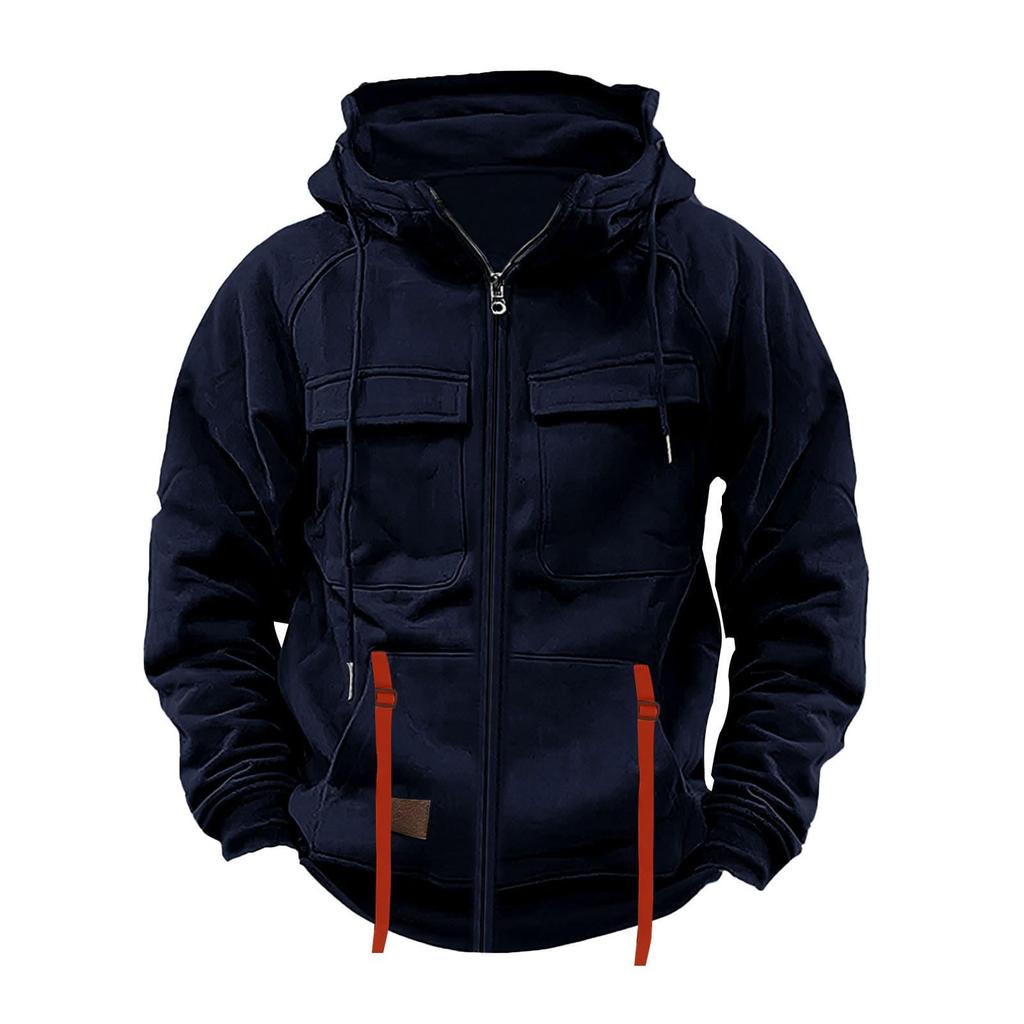 Men's Fashionable Solid Color Long Sleeve Hooded Loose Sweatshirt Sports Multi Pocket Sweatshirt Jacket