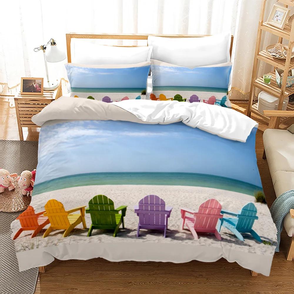 Beach Setting Sun Duvet Cover Set Tropical Island With The Palm Tree And Sea Beach Nature Theme Queen Size Quilt Cover