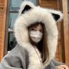Windproof Integrated Cap Scarf Soft Hooded Scarf Neck Warmer Plush Vixen Ear Beanie Hat  Daily