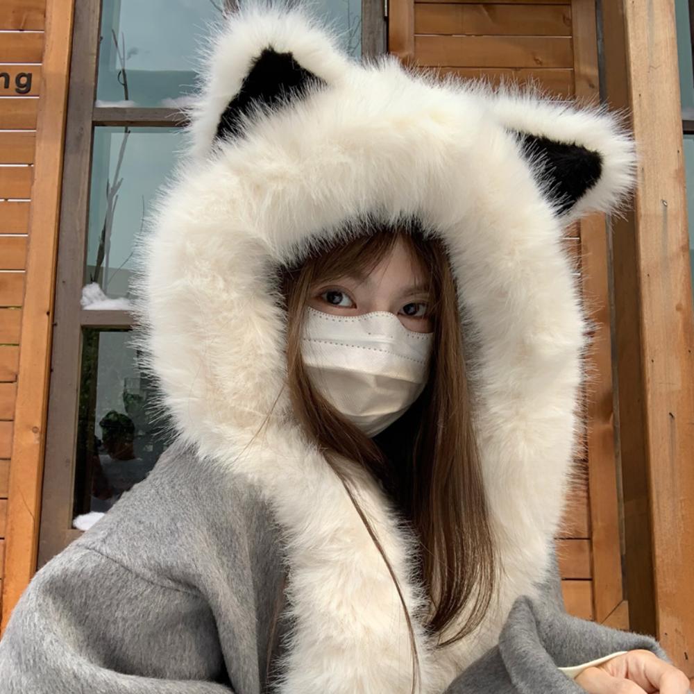 Windproof Integrated Cap Scarf Soft Hooded Scarf Neck Warmer Plush Vixen Ear Beanie Hat Daily