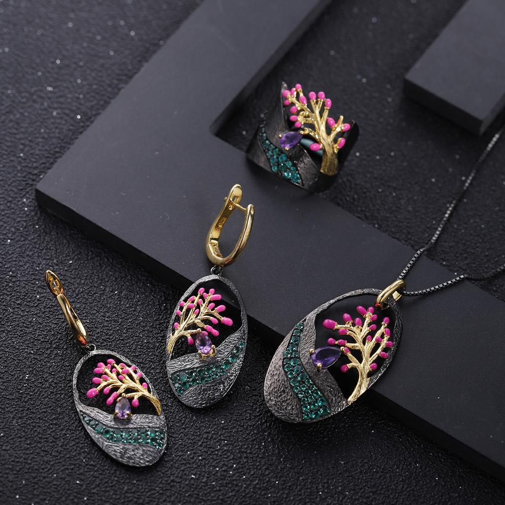 Italian Craft Original Designer Earrings Natural Style Tree of Life Design S925 Sterling Silver Enamel Earrings Earrings
