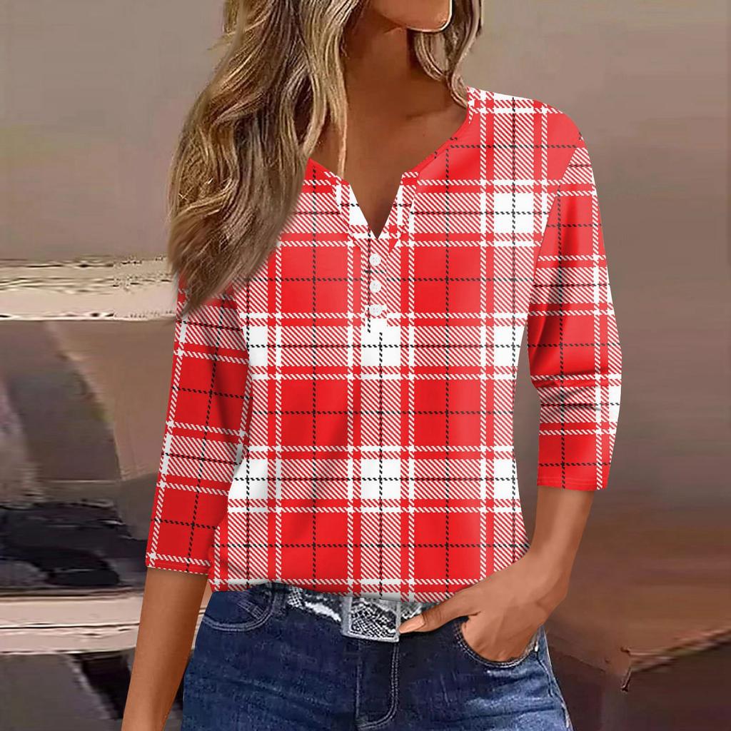 Women's T Shirt Tee Printed Button 3/4 Sleeve Tunic Daily Weekend Fashion Basic V- Neck Regular Top