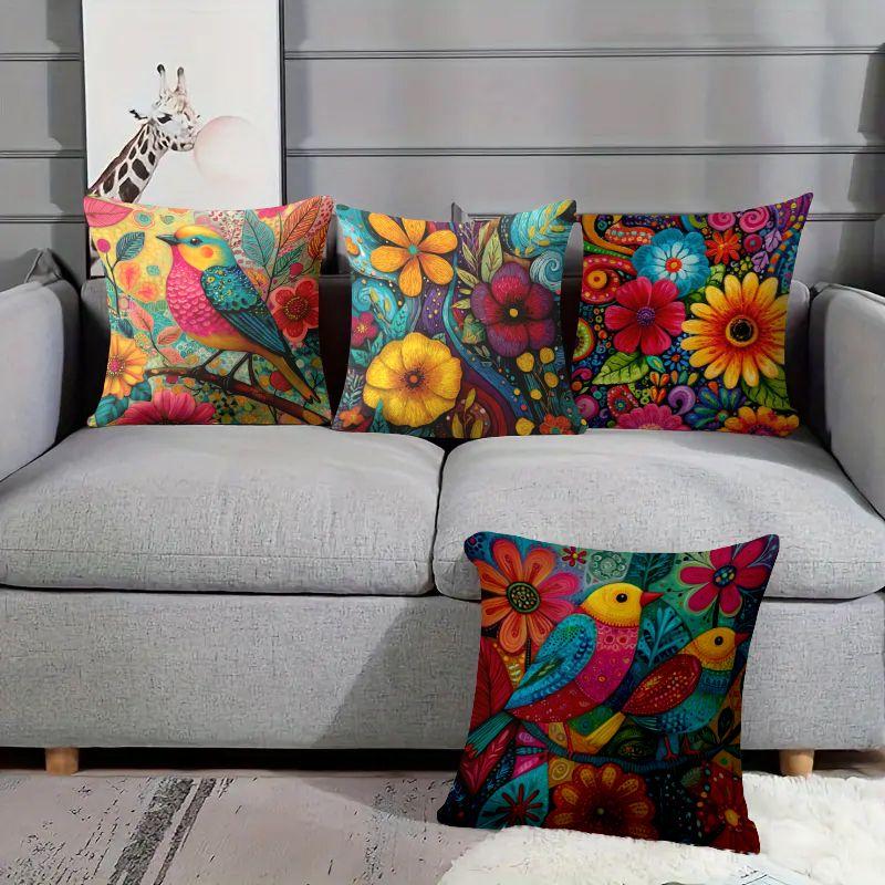 4Pcs Colorful Bird Floral Pillow Covers Velvet Polyester Cushion Cases Boho Art Decorative Throw Pillows Home Decor