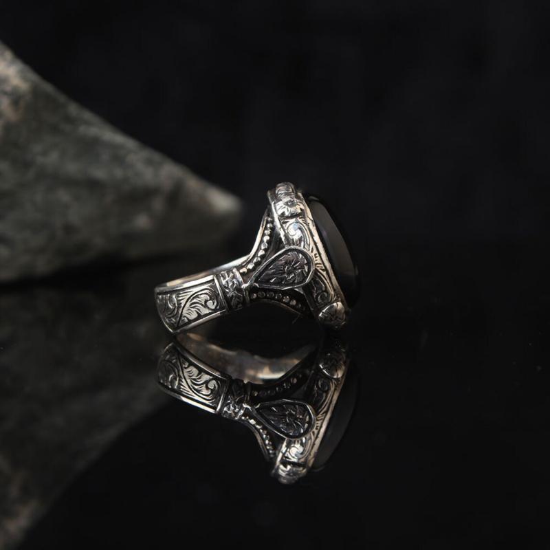 Популярный Moda Punk Con Incrustaciones De Piedras Negras Talladas Anillo Retro Anillo Masculino