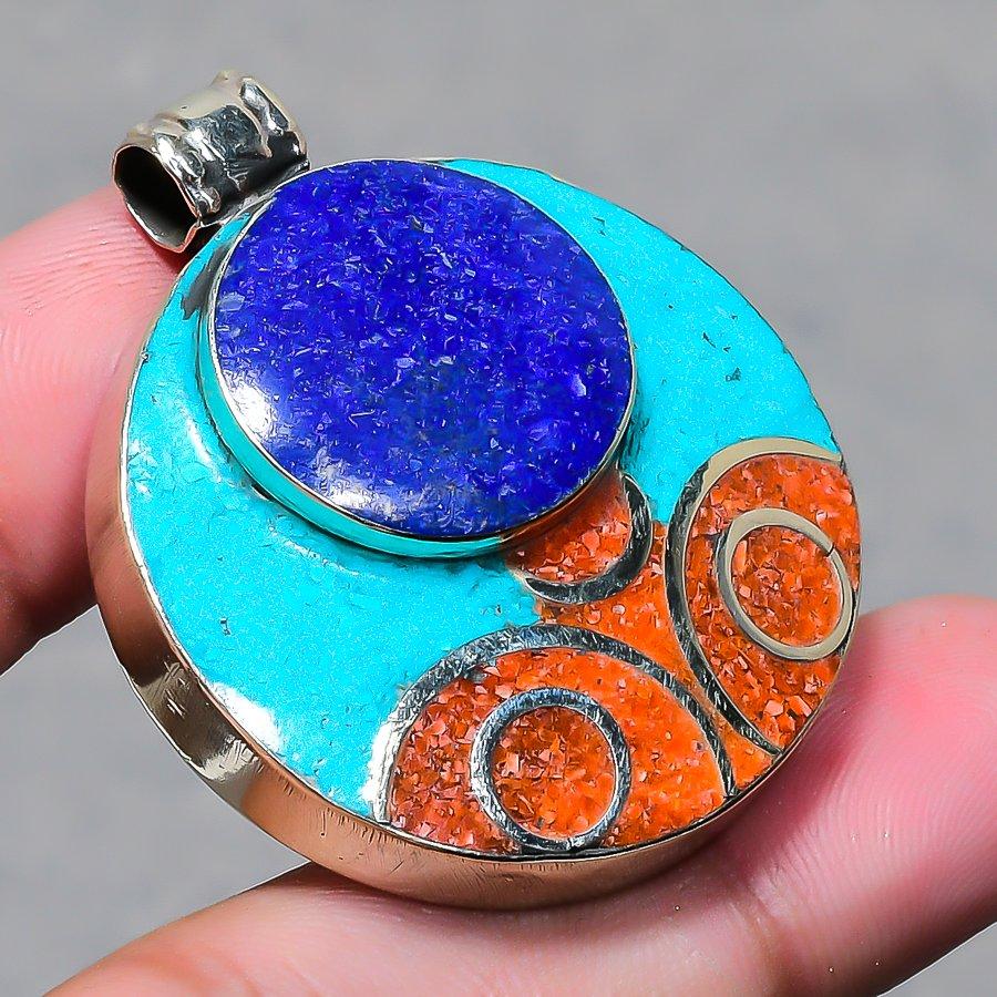 Vintage Tibetan Nepali Pendant 1.7" Natural Lapis lazuli Turquoise Coral NP 2427