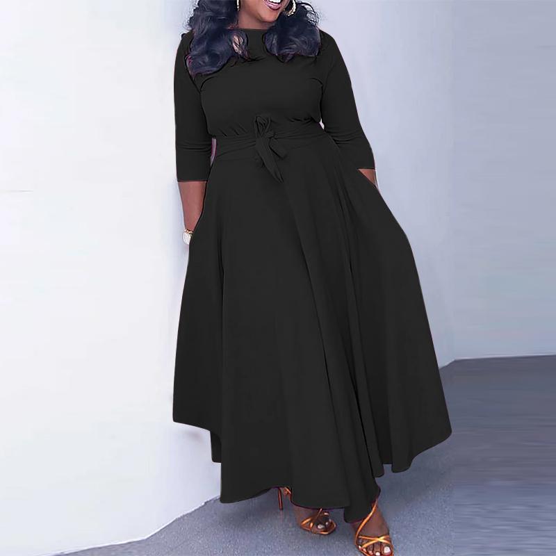 VONDA Женские осенние свободные однотонные платья с длинным рукавом и круглым вырезом