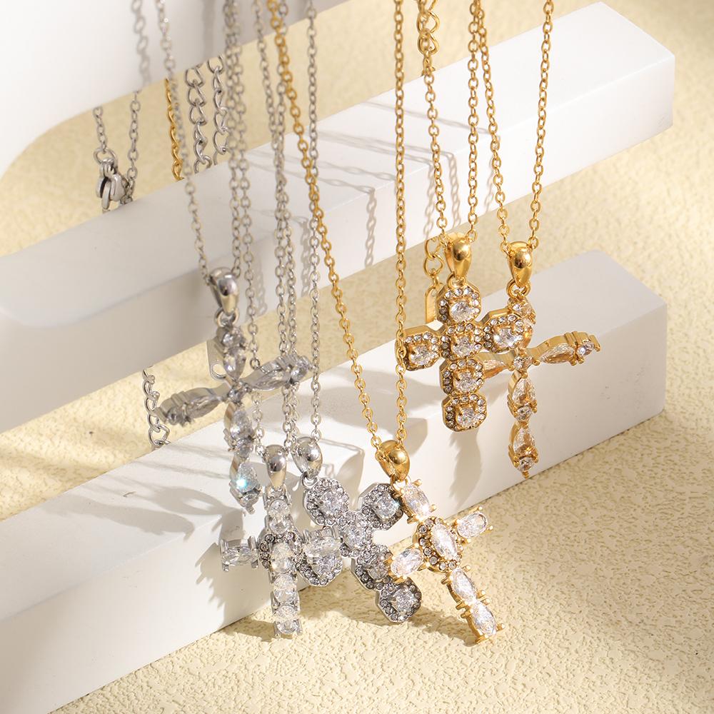 European and American Retro Pendant Stainless Steel Plated with 18K Gold Water Droplets Light Luxury Zircon Cross Necklace