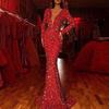 Women Evening Dress Sequin Deep V Neck Long Sleeves Slim Fit Fishtail Hem Sequin Floor Length
