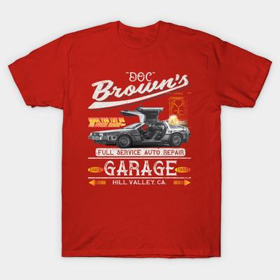Asian Size Men Print T-shirt Doc Brown'S Auto Repair Shop No-Cut Heat Transfer Print Cotton Tshirt