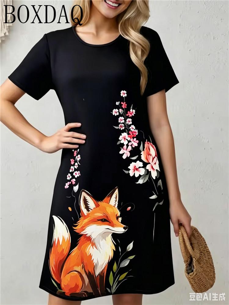 2026 casual and comfortable round neck short sleeved cute animal print women's loose dress