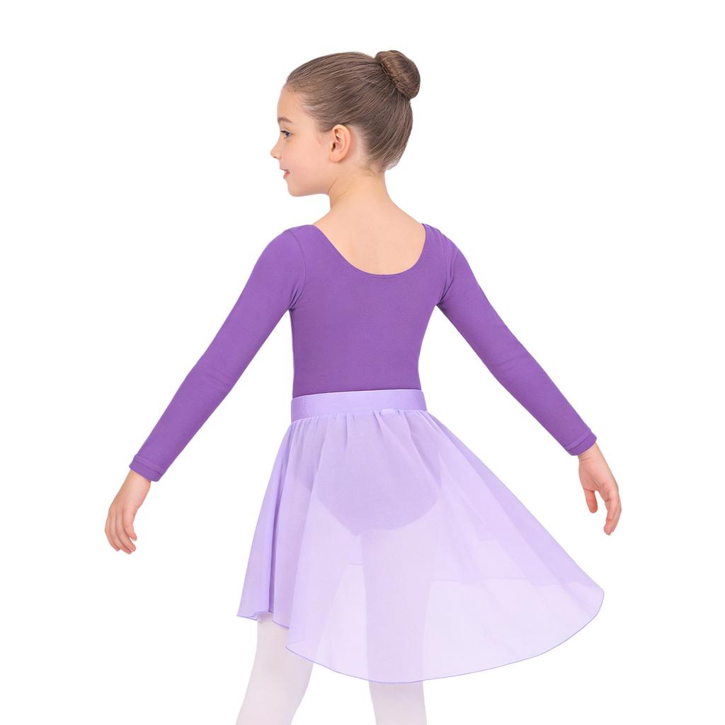 Girls Ballet Dance Practice Performance Long Sleeve Leotard High Low Elastic Waistband Chiffon Skirt Outfit