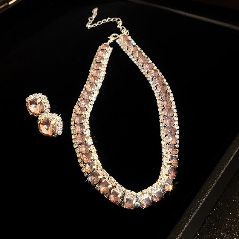 Diamond emerald square stud earrings necklace set niche creative collarbone chain temperament light luxury high-end jewelry women