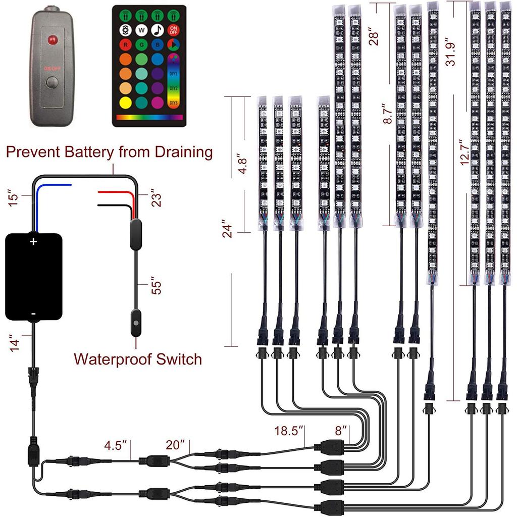 GREENBEAN Set of RGB Motorcycle LED Strip Lights with Music Brake and Steering Flowing RF Remote and Car Chassis Decoration 12-Piece Multi-Channel