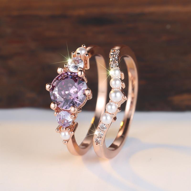 Элегантный круглый фиолетовый циркон искусственный жемчуг кольца набор для женщин изысканный розово-золотой цвет циркон кольцо винтажные ежедневные вечерние украшения лучший подарок