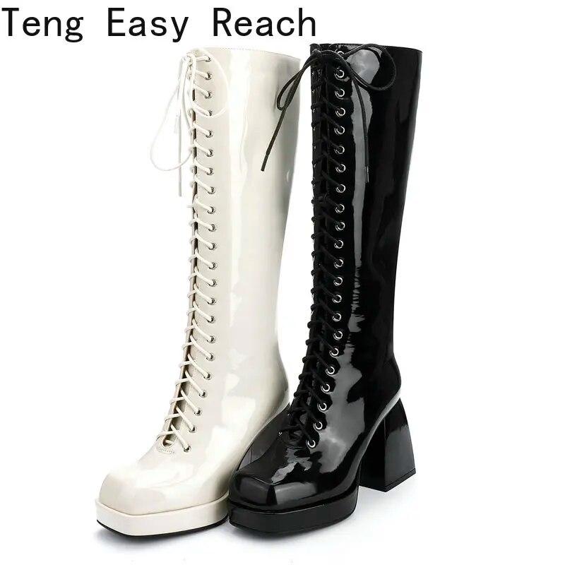 Sexy Patent Leather Knee High Boots Platform Women Boots Chunky High Heel Lace Up Long Boots Autumn Winter Zipper Woman Shoes
