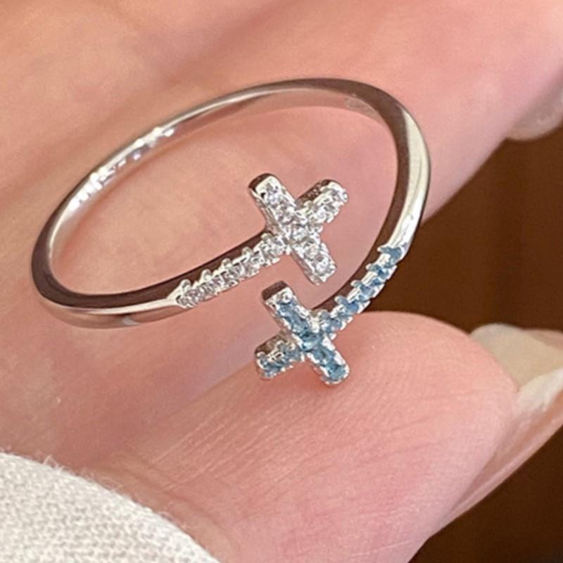 925 Sterling Silver Cross Ring for Women Cool Blue Crystal Classics Office Ins Jewelry Gift Dropshipping Wholesale