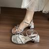 French Silver with Skirt Open-toe with Sandals Women's 2025 Summer New Fashion Floral Thick Heel High Heels