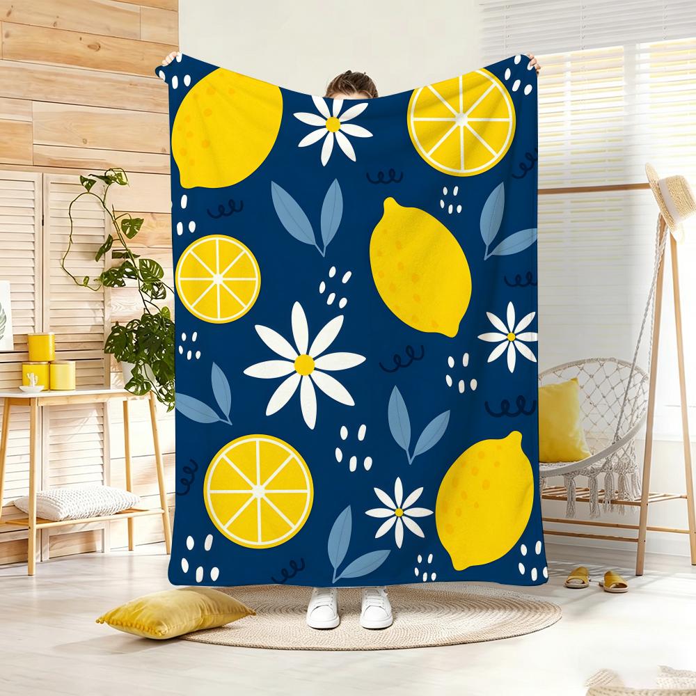 Summer Print-Vtg Lemon Throw Lightweight 240g Flannel Blanket Soft Skin-friendly for Summer Cooling