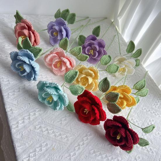 Ручная вязка крючком Цветок пиона Вязаный хлопковый букет пионов с листьями и длинным стеблем для свадебного домашнего декора Подарки на день рождения и годовщину