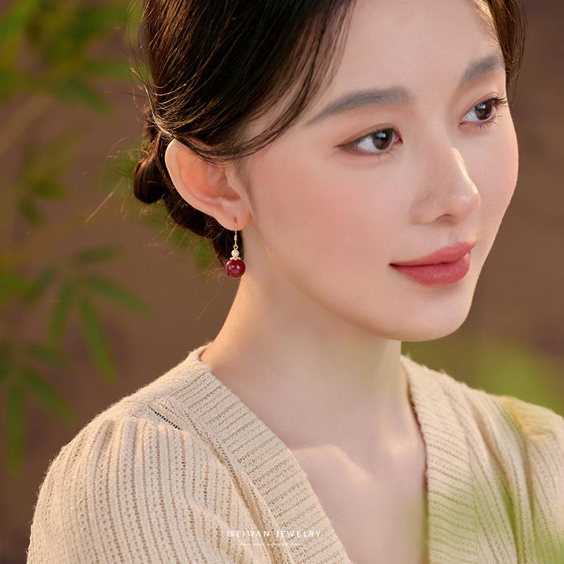 Shangyangchun Natural Cinnabar Women's Model9Silver New Chinese Style Earrings, Red New Chinese Style Ear Jewelry, Unique Gift