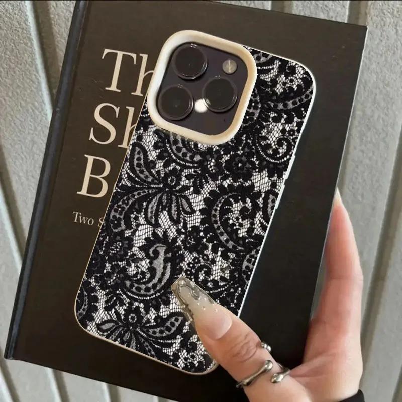 Черный Кружевной Чехол Для Телефона С Рисунком Личи Для iPhone 17 Pro Max 16 Plus 15 14 13 12 11 XS XR X 16E Air Ударопрочный Мягкий Силиконовый Чехол