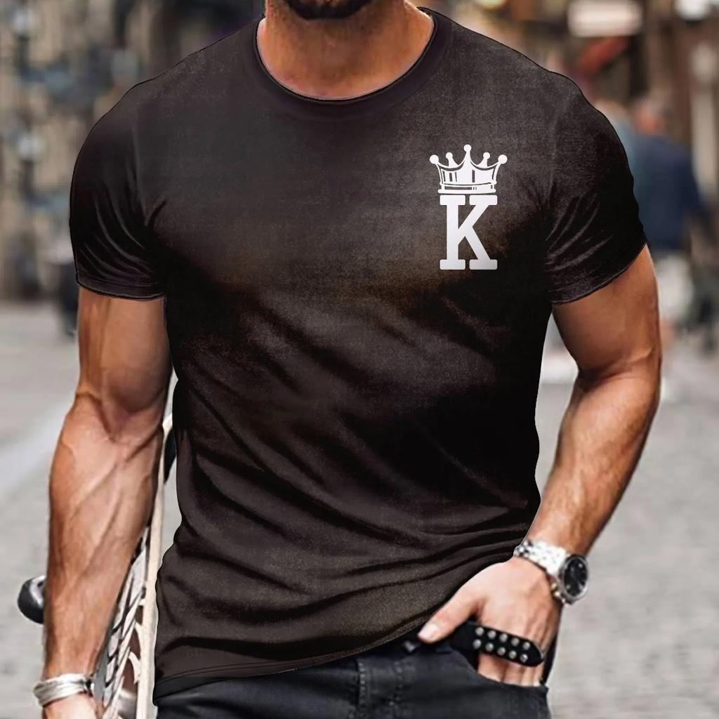 Men's Casual Short Sleeved T-shirt with Round Neck KING Pattern Printed Top T-shirt for Men's Street Wear